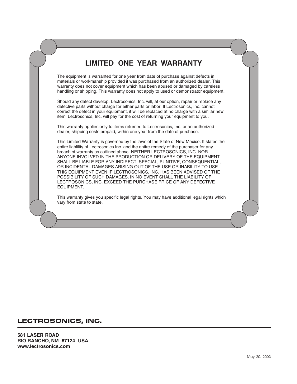 Limited one year warranty | Lectrosonics UM700 User Manual | Page 16 / 16