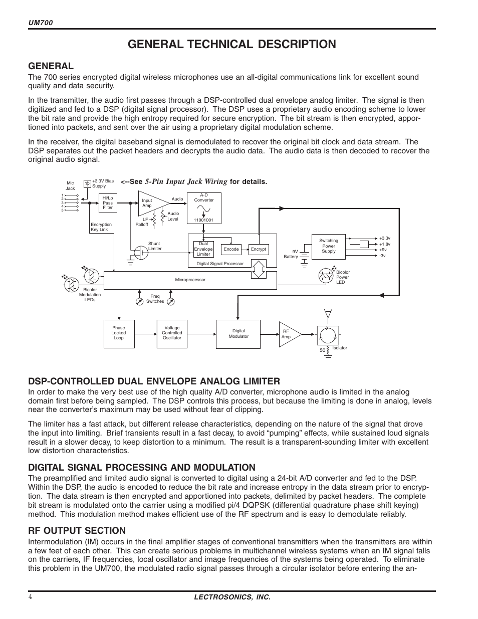General technical description, General, Dsp-controlled dual envelope analog limiter | Digital signal processing and modulation, Pin input jack wiring, Um700, For details, Lectrosonics, inc. 4 | Lectrosonics UM700 User Manual | Page 4 / 16