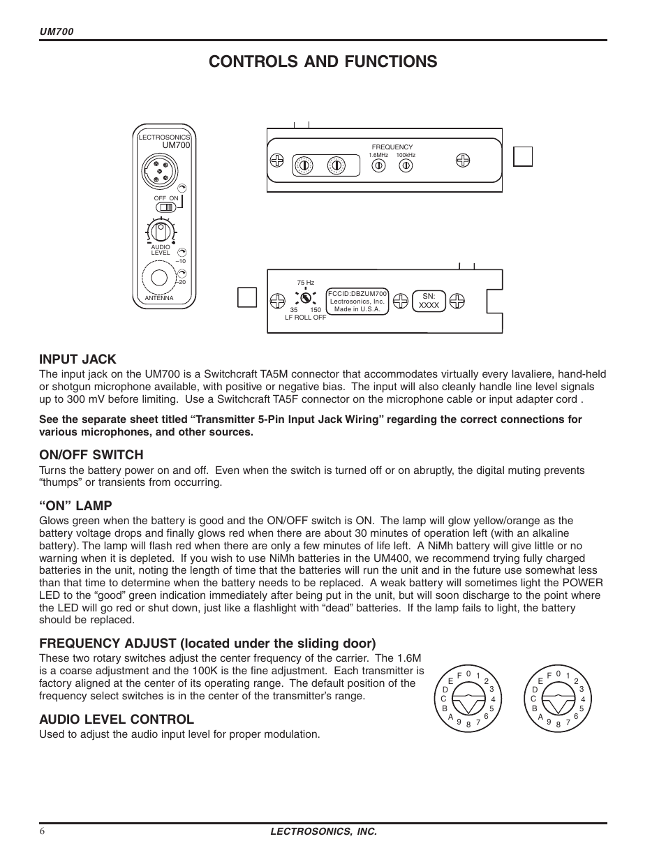 Controls and functions, Input jack, On/off switch | On” lamp, Frequency adjust (located under the sliding door), Audio level control, Um700, Lectrosonics, inc. 6 | Lectrosonics UM700 User Manual | Page 6 / 16