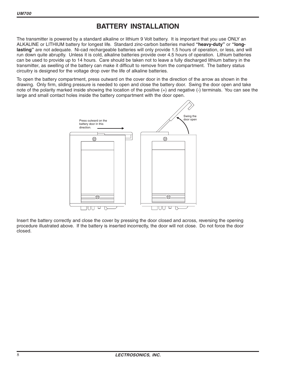 Battery installation | Lectrosonics UM700 User Manual | Page 8 / 16