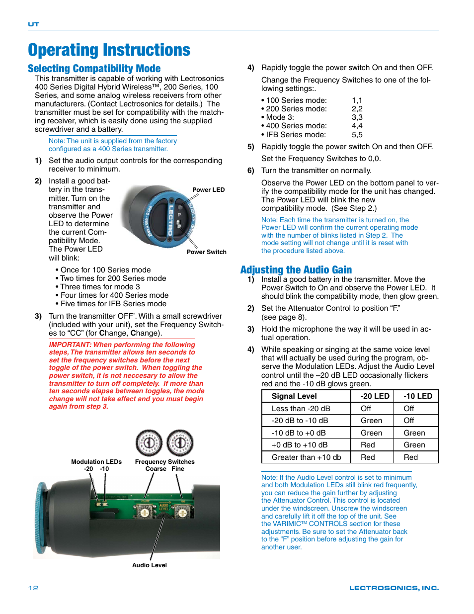 Operating instructions, Selecting compatibility mode, Adjusting the audio gain | Lectrosonics UT400 User Manual | Page 12 / 20