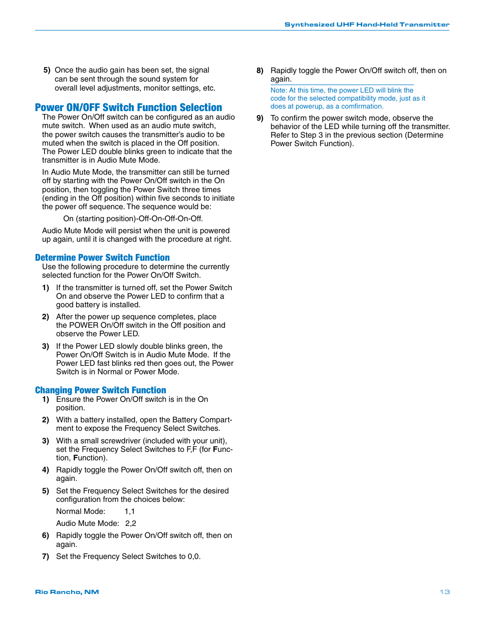 Power on/off switch function selection, Determine power switch function, Changing power switch function | Lectrosonics UT400 User Manual | Page 13 / 20