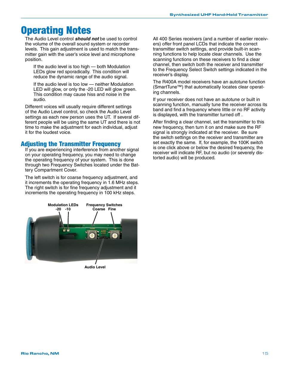 Operating notes, Adjusting the transmitter frequency | Lectrosonics UT400 User Manual | Page 15 / 20