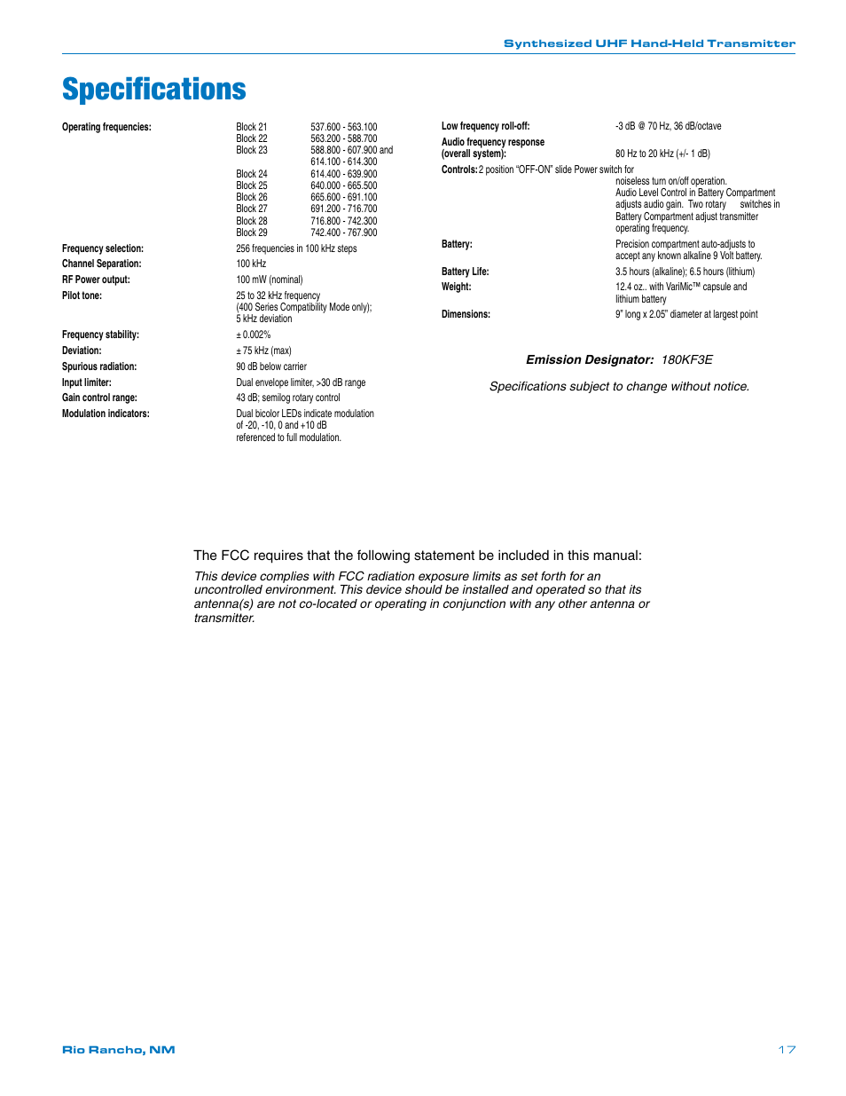 Specifications | Lectrosonics UT400 User Manual | Page 17 / 20