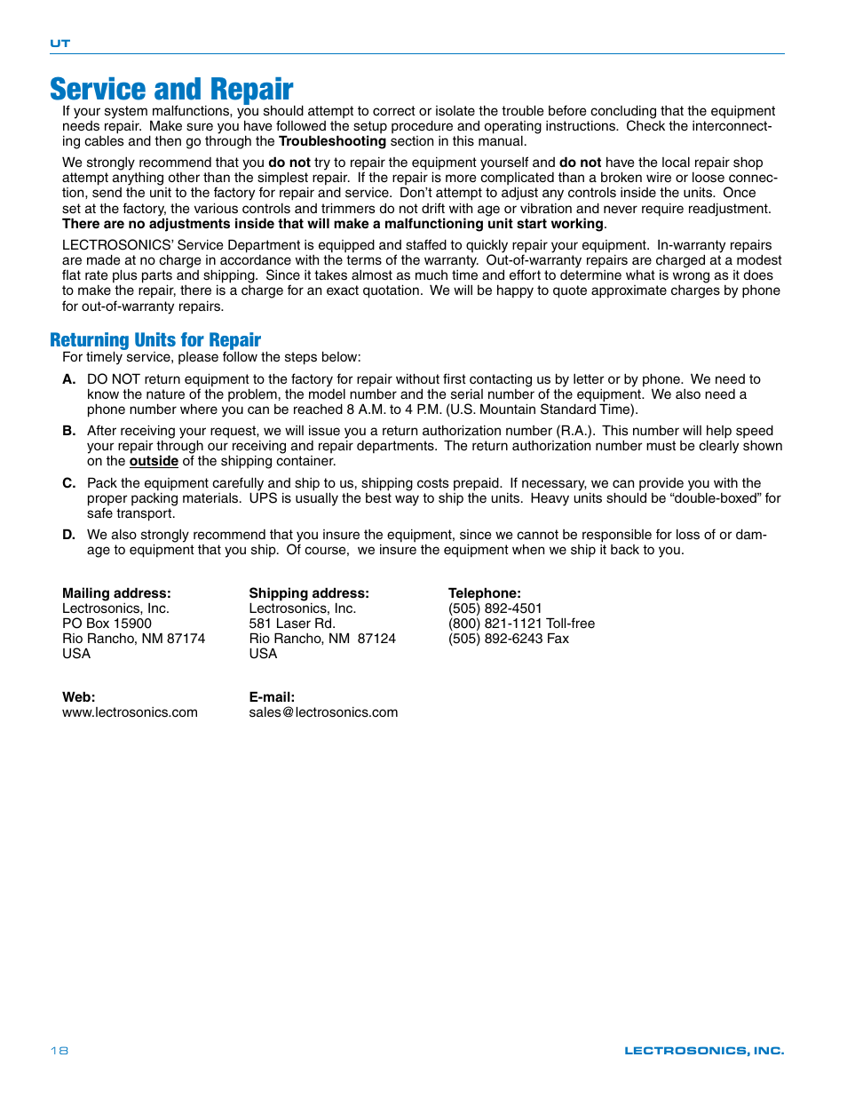 Service and repair, Returning units for repair | Lectrosonics UT400 User Manual | Page 18 / 20