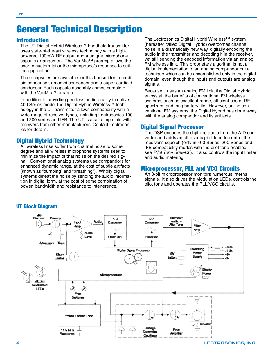 General technical description, Introduction, Digital hybrid technology | Digital signal processor, Microprocessor, pll and vco circuits, Ut block diagram | Lectrosonics UT400 User Manual | Page 4 / 20