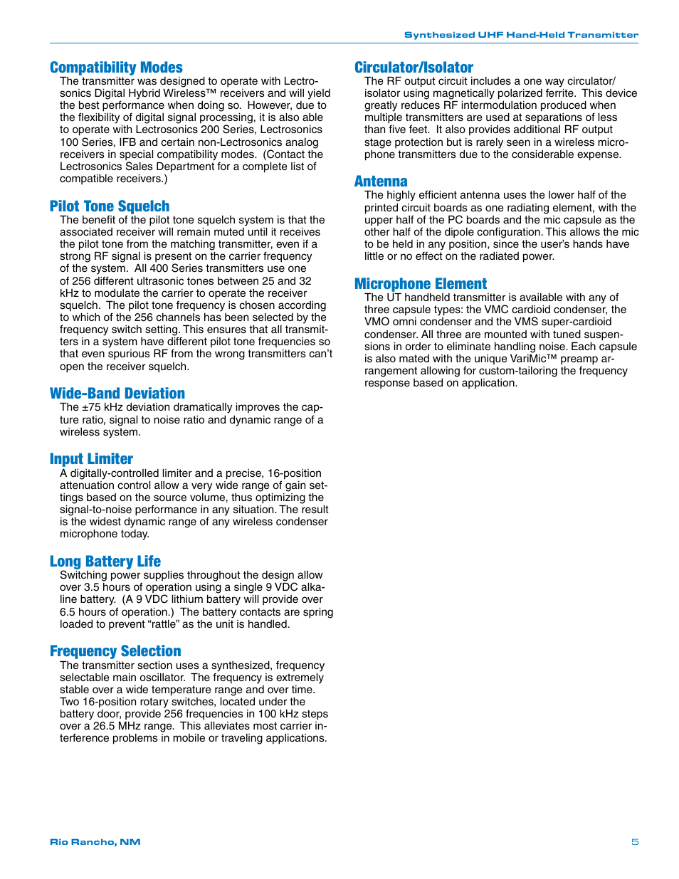 Compatibility modes, Pilot tone squelch, Wide-band deviation | Input limiter, Long battery life, Frequency selection, Circulator/isolator, Antenna, Microphone element | Lectrosonics UT400 User Manual | Page 5 / 20