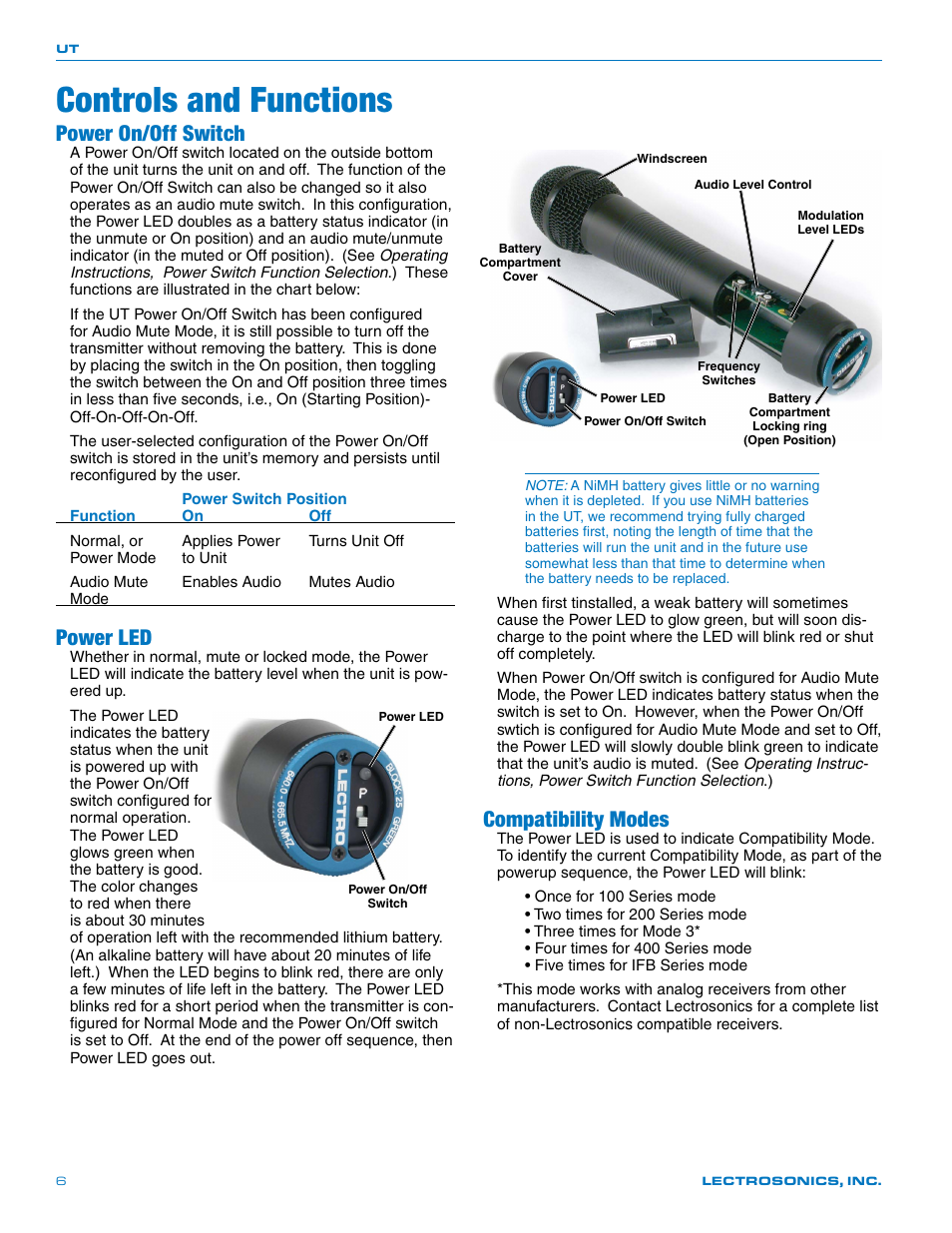 Controls and functions, Power on/off switch, Power led | Compatibility modes, Frequency switches | Lectrosonics UT400 User Manual | Page 6 / 20