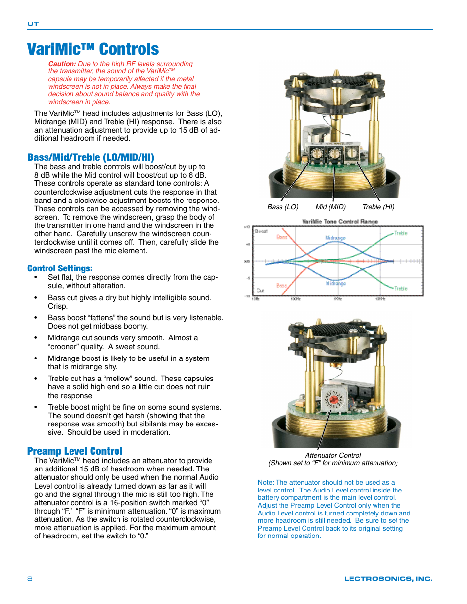 Varimic™ controls, Bass/mid/treble (lo/mid/hi), Preamp level control | Control settings | Lectrosonics UT400 User Manual | Page 8 / 20