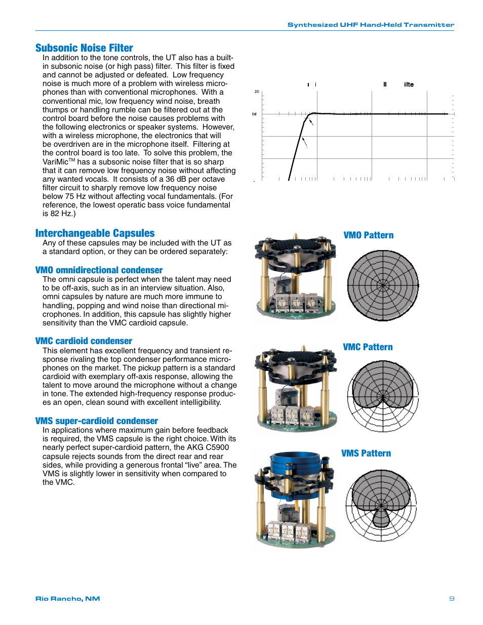 Subsonic noise filter, Interchangeable capsules, Vmo omnidirectional condenser | Vmc cardioid condenser, Vms super-cardioid condenser, Vmo pattern vmc pattern vms pattern | Lectrosonics UT400 User Manual | Page 9 / 20