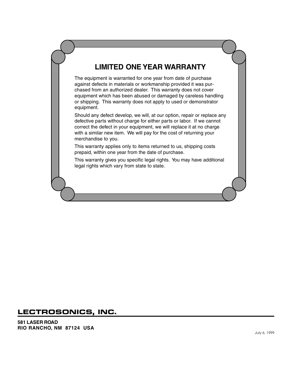 Limited one year warranty, Lectrosonics, inc | Lectrosonics UT200 User Manual | Page 14 / 14