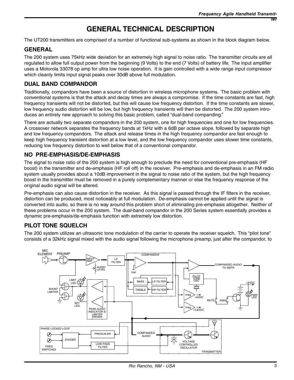 General technical description, General, Dual band compandor | No pre-emphasis/de-emphasis, Pilot tone squelch, Frequency agile handheld transmit­ ter, Rio rancho, nm - usa 3 | Lectrosonics UT200 User Manual | Page 3 / 14