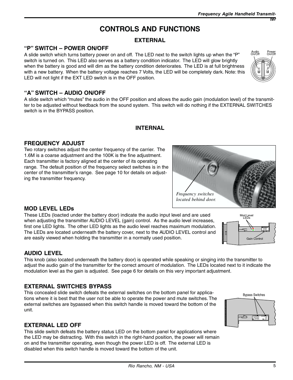 Controls and functions, External “p” switch – power on/off, A” switch – audio on/off | Internal frequency adjust, Mod level leds, Audio level, External switches bypass, External led off | Lectrosonics UT200 User Manual | Page 5 / 14