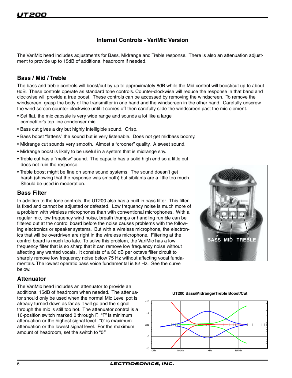 Internal controls - varimic version, Bass / mid / treble, Bass filter | Attenuator | Lectrosonics UT200 User Manual | Page 6 / 14