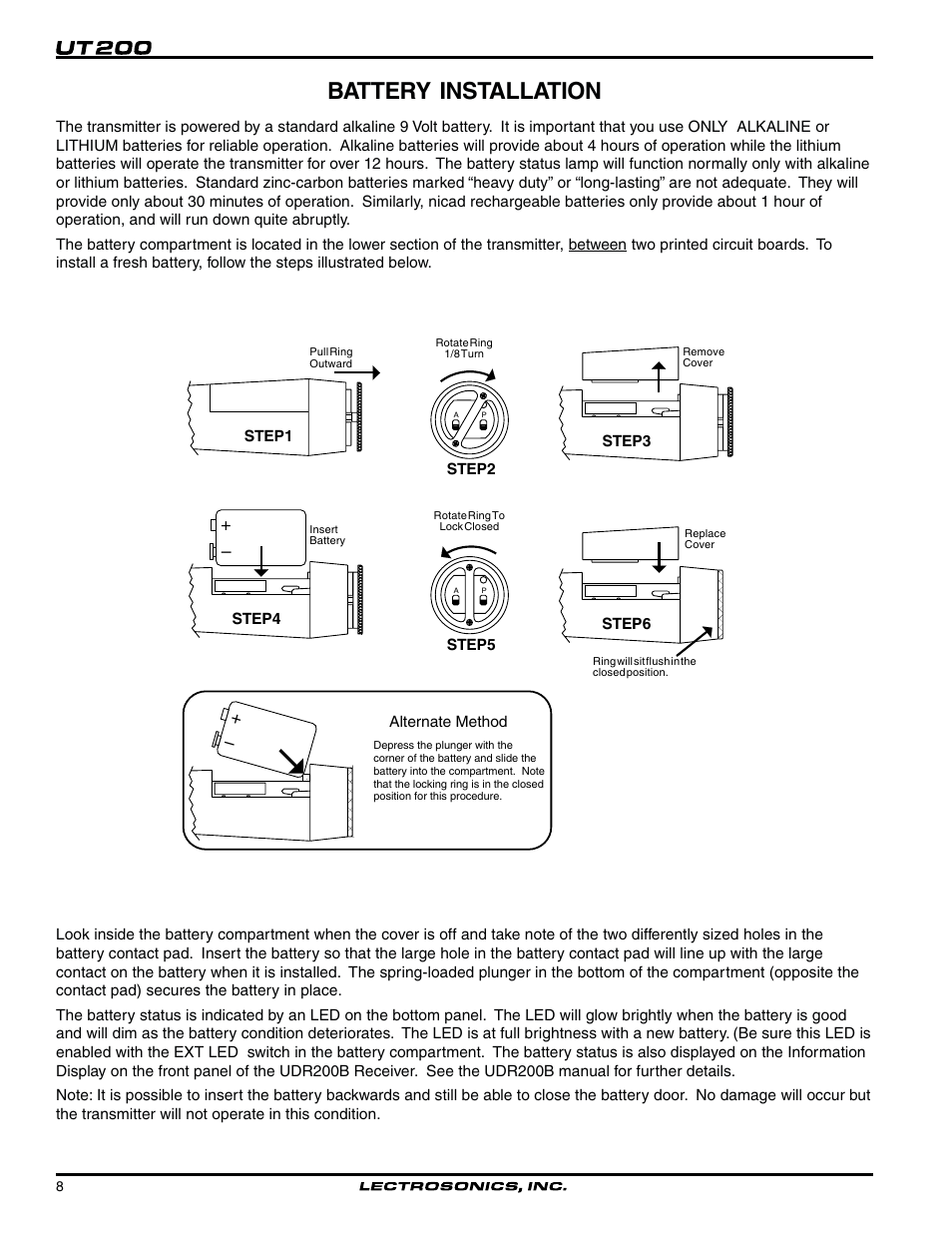 Battery installation | Lectrosonics UT200 User Manual | Page 8 / 14