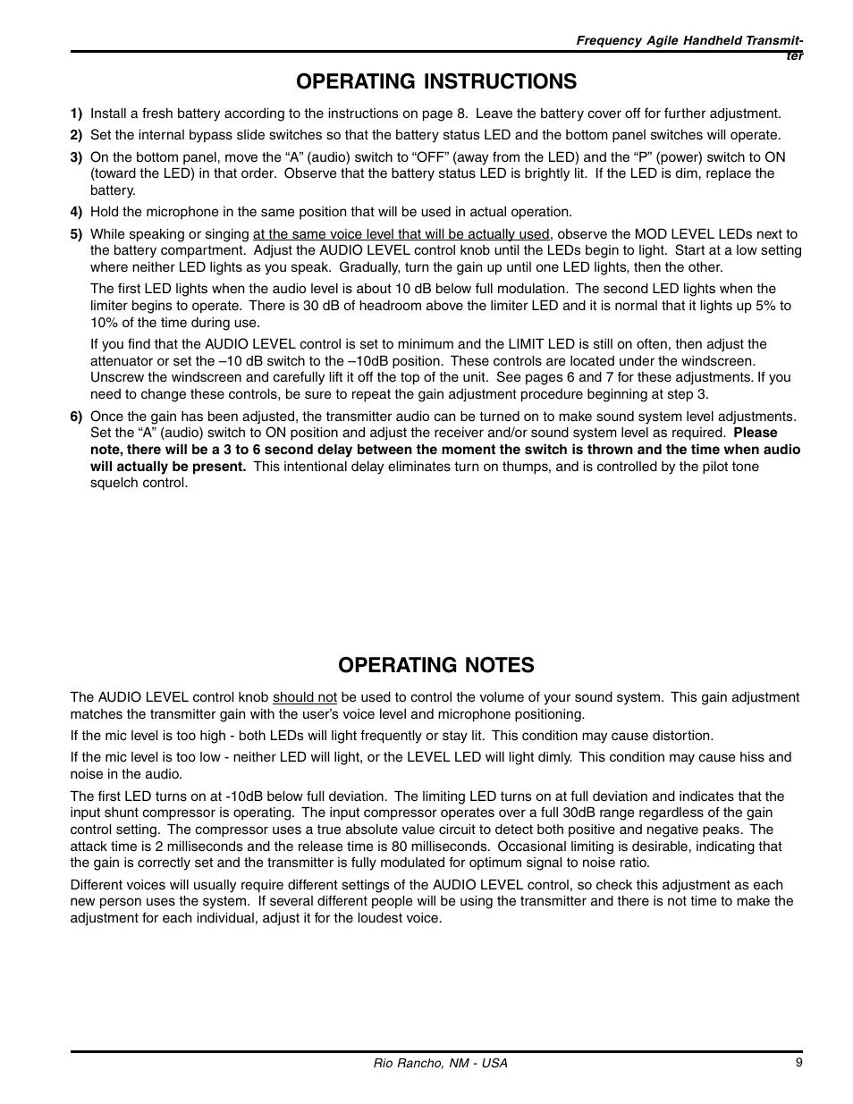 Operating instructions | Lectrosonics UT200 User Manual | Page 9 / 14