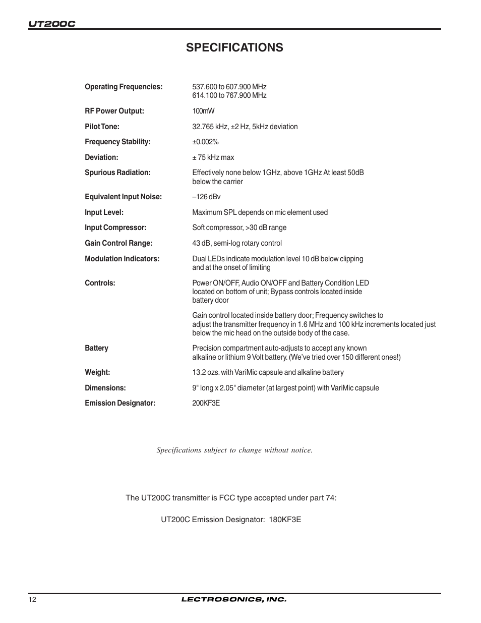 Specifications | Lectrosonics UT200c User Manual | Page 12 / 14