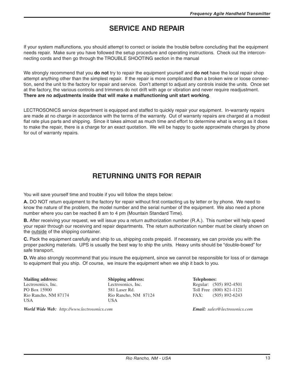 Service and repair, Returning units for repair | Lectrosonics UT200c User Manual | Page 13 / 14