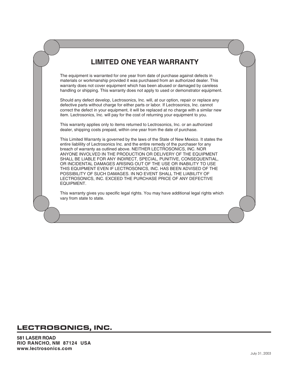 Limited one year warranty, Lectrosonics, inc | Lectrosonics UT200c User Manual | Page 14 / 14