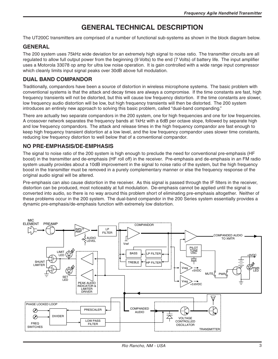 General technical description, General, Dual band compandor | No pre-emphasis/de-emphasis | Lectrosonics UT200c User Manual | Page 3 / 14