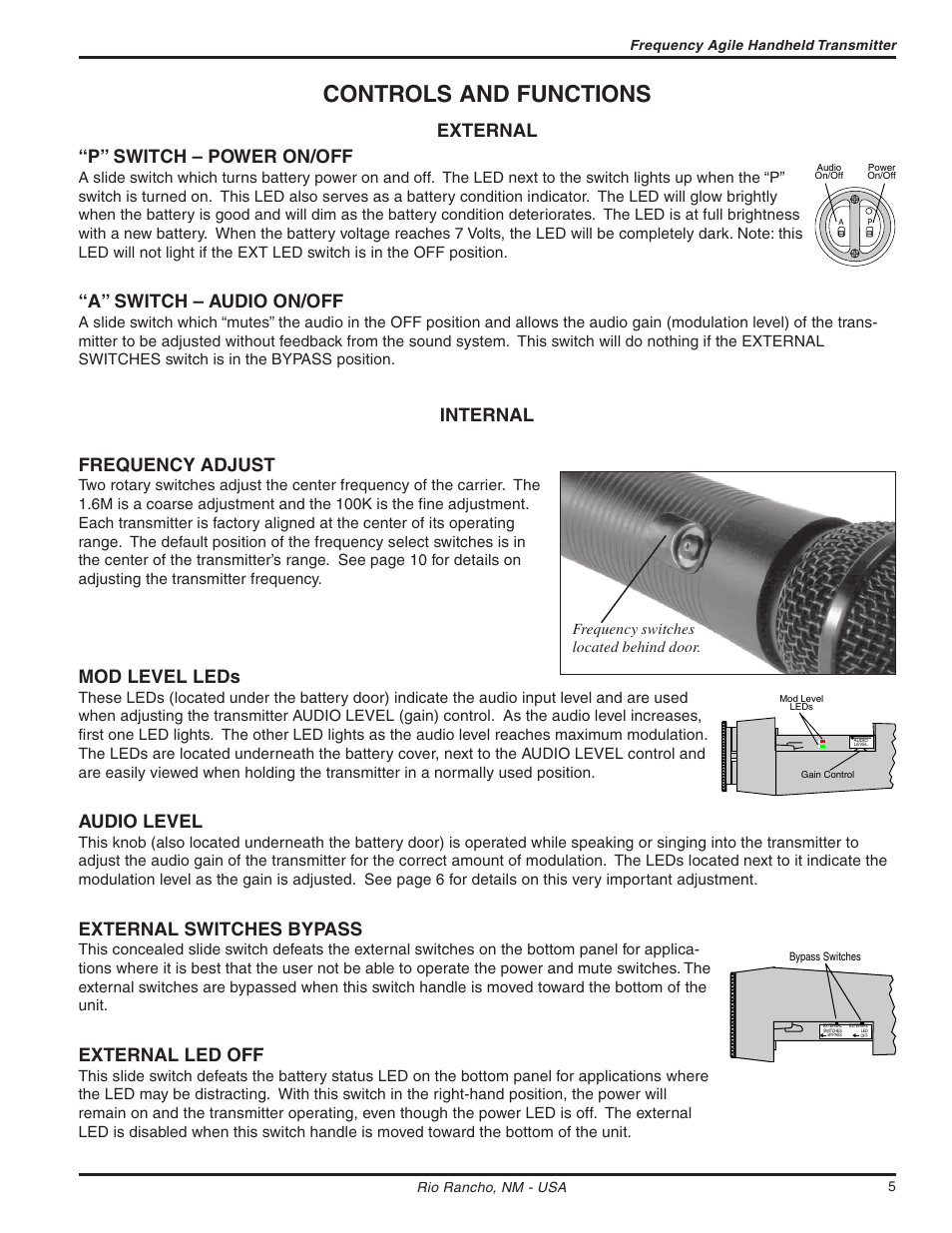 Controls and functions, External “p” switch – power on/off, A” switch – audio on/off | Internal frequency adjust, Mod level leds, Audio level, External switches bypass, External led off | Lectrosonics UT200c User Manual | Page 5 / 14