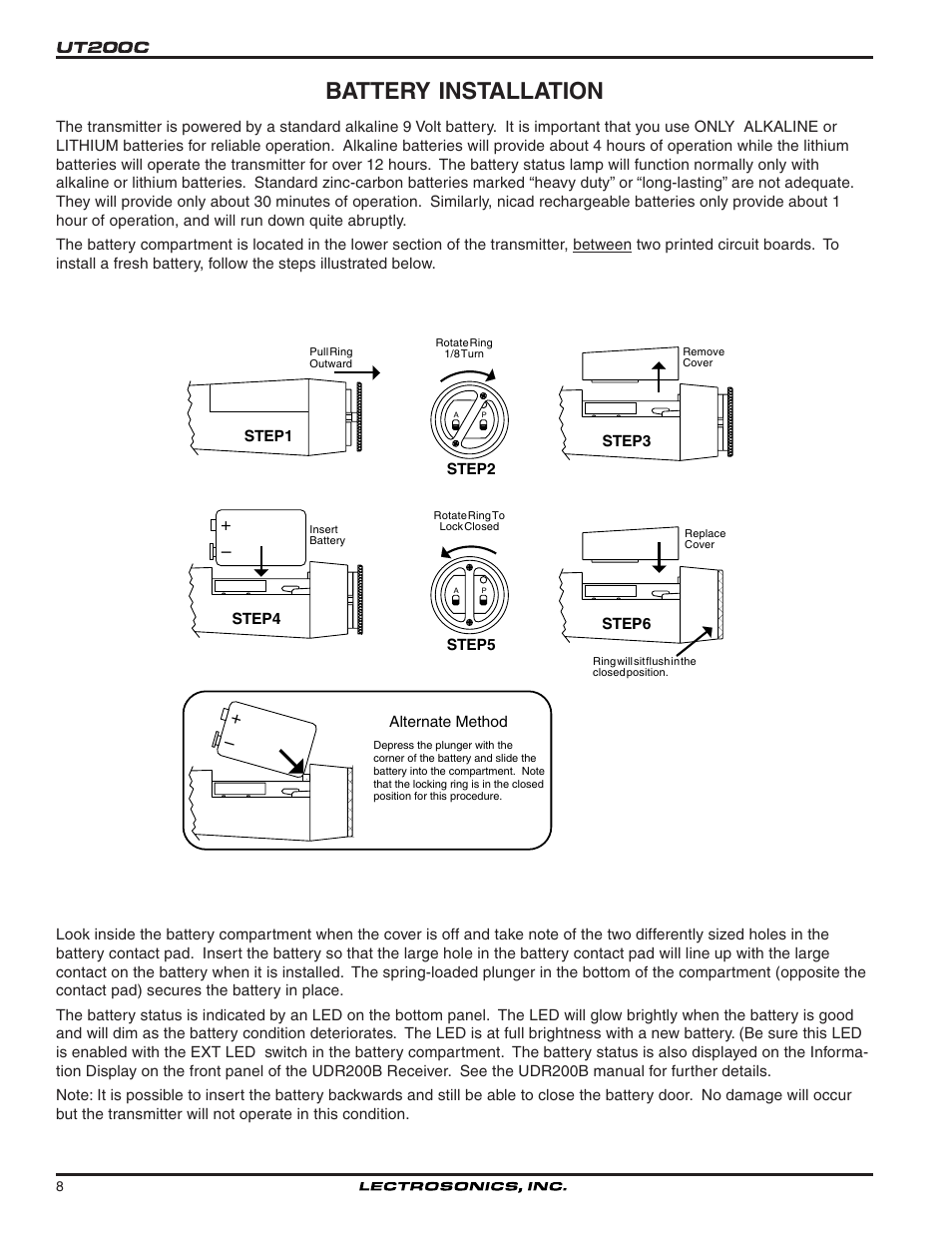 Battery installation | Lectrosonics UT200c User Manual | Page 8 / 14