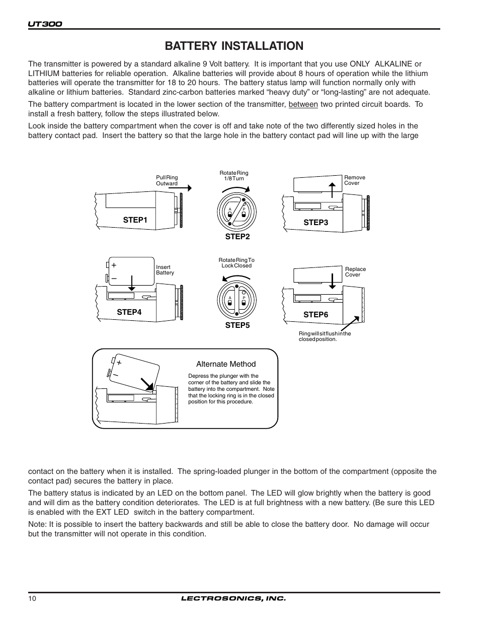 Battery installation | Lectrosonics UT300VM User Manual | Page 10 / 14