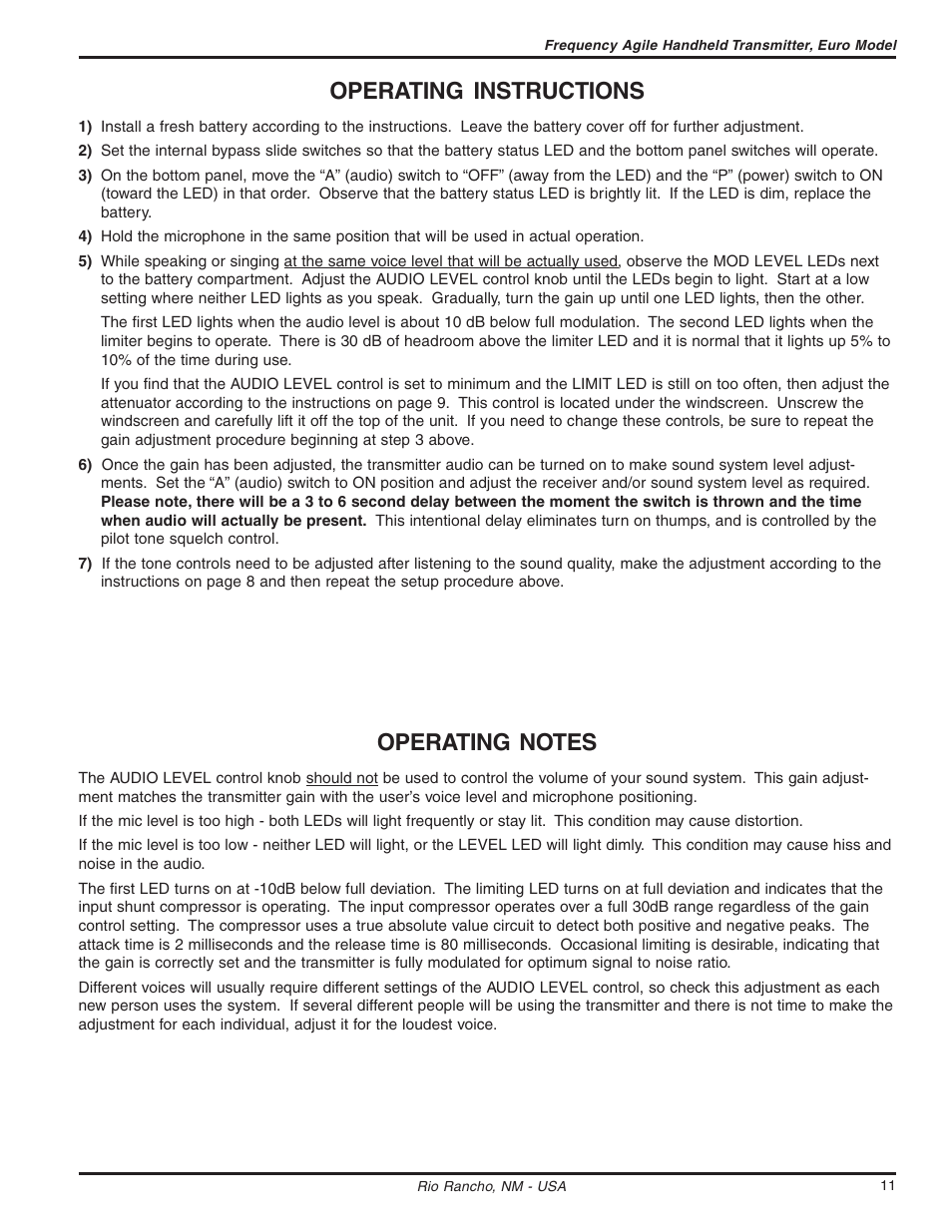 Operating instructions | Lectrosonics UT300VM User Manual | Page 11 / 14
