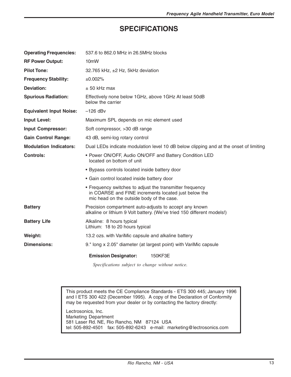 Specifications | Lectrosonics UT300VM User Manual | Page 13 / 14
