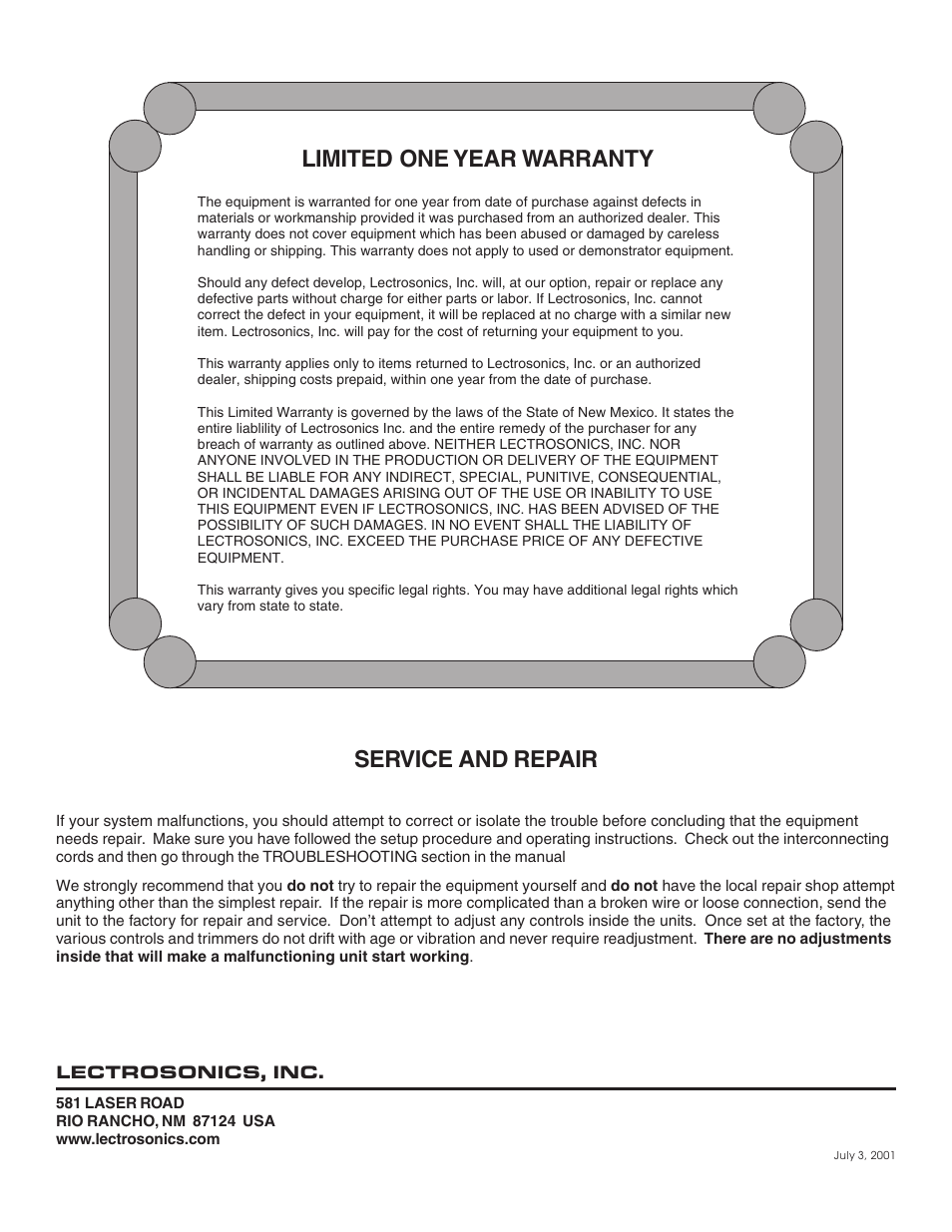 Limited one year warranty service and repair | Lectrosonics UT300VM User Manual | Page 14 / 14