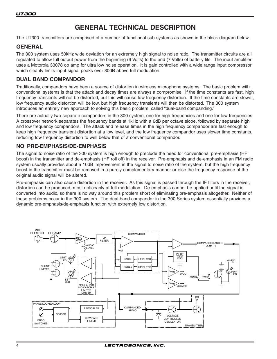 General technical description, General, Dual band compandor | No pre-emphasis/de-emphasis | Lectrosonics UT300VM User Manual | Page 4 / 14