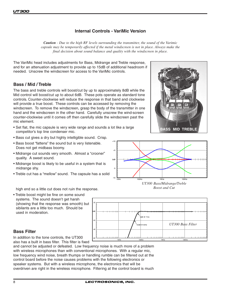 Internal controls - varimic version, Bass / mid / treble, Bass filter | Lectrosonics UT300VM User Manual | Page 8 / 14