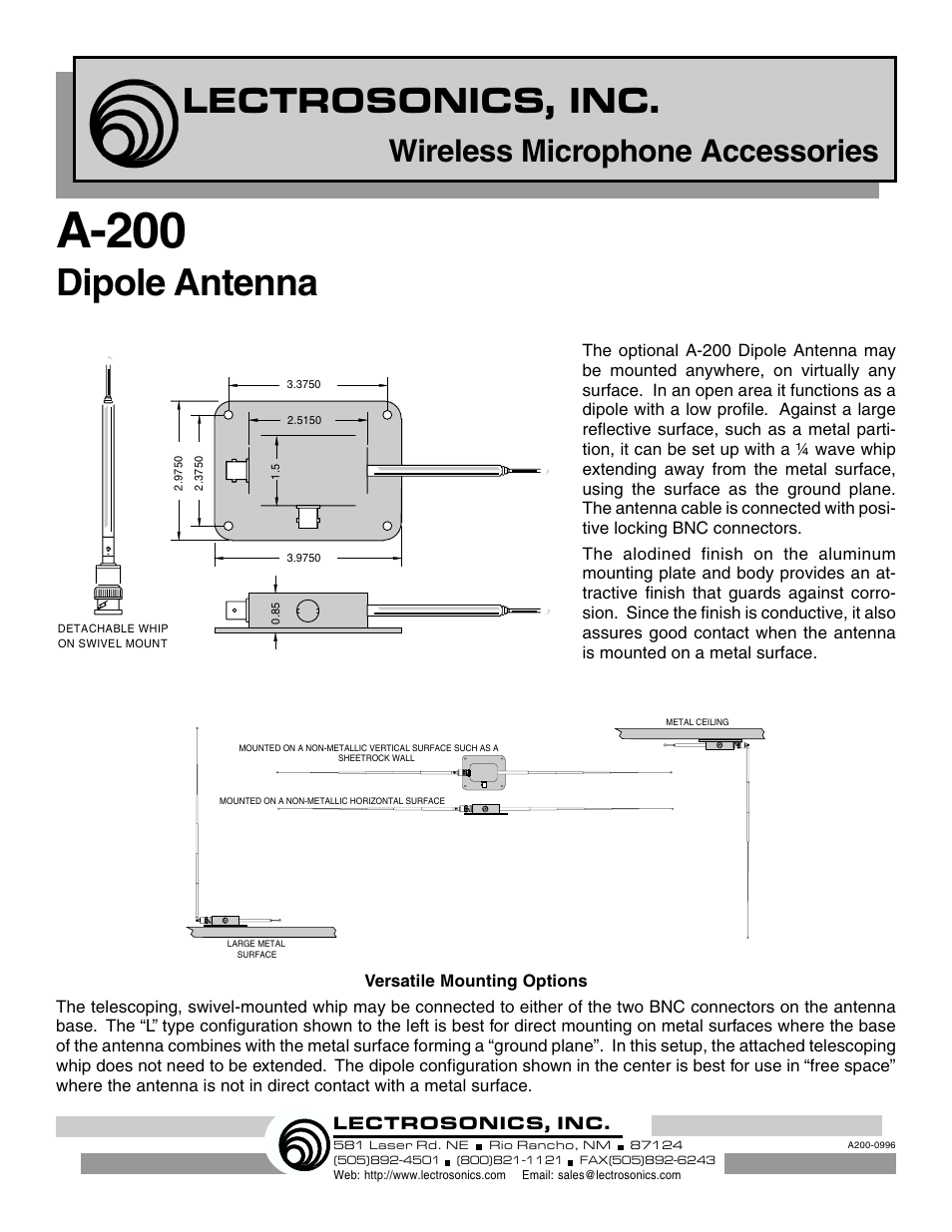 Lectrosonics A200 User Manual | 1 page