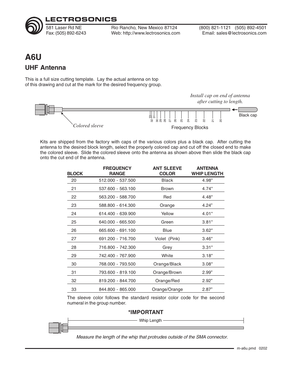 Lectrosonics A6U User Manual | 1 page