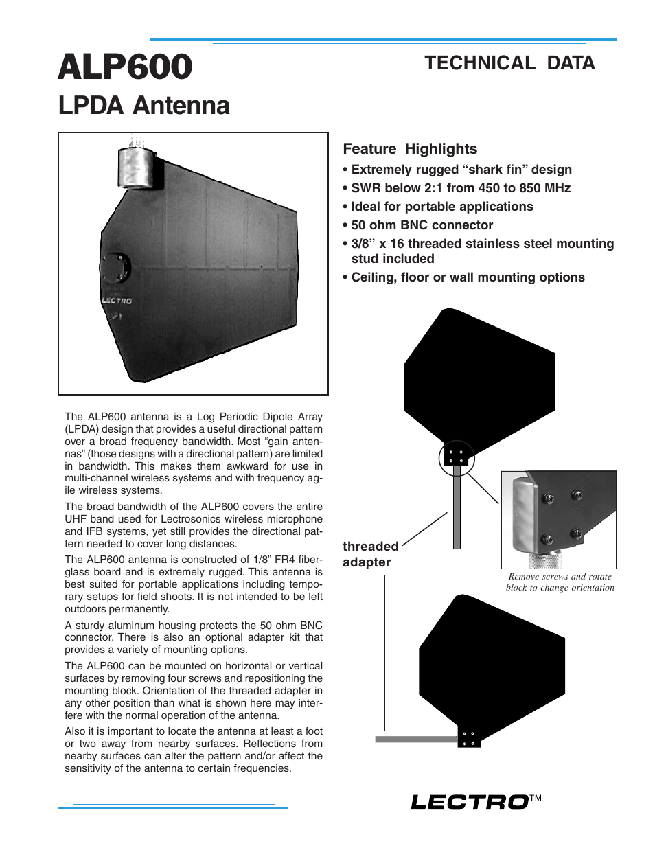 Lectrosonics ALP600 User Manual | 2 pages