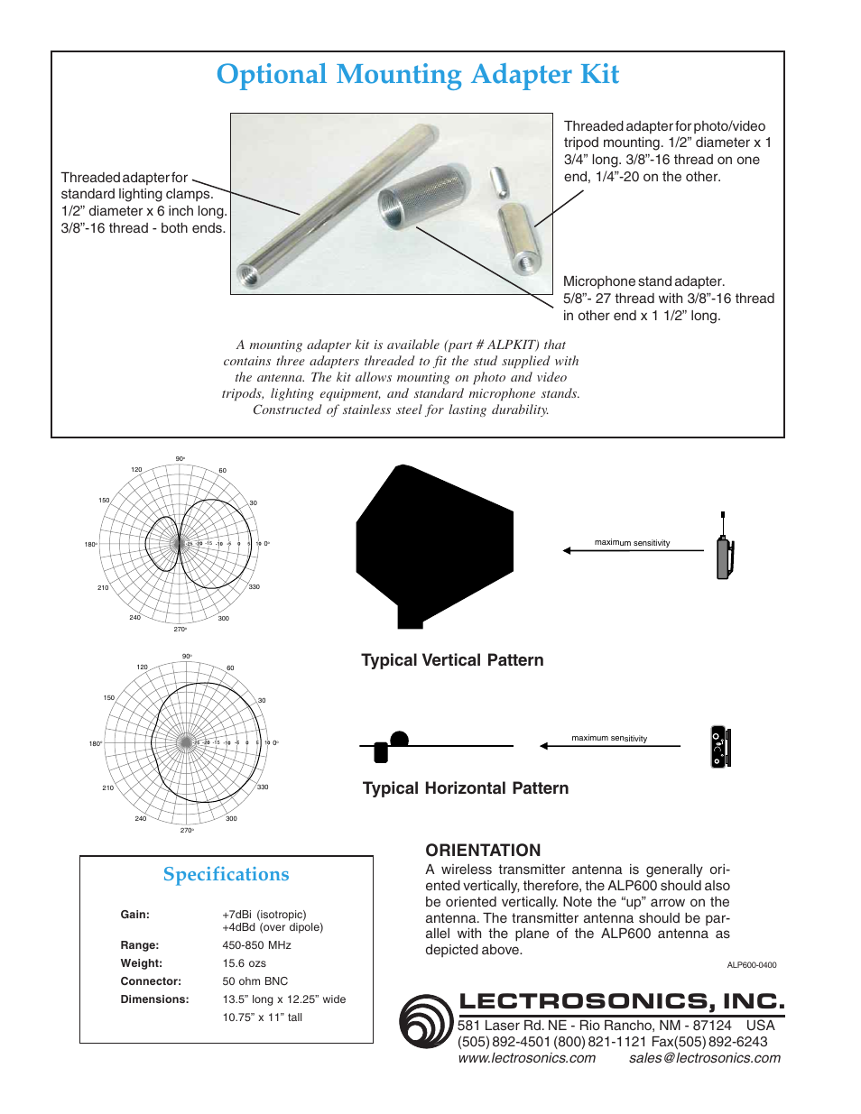 Optional mounting adapter kit, Lectrosonics, inc, Specifications | Typical vertical pattern, Typical horizontal pattern orientation | Lectrosonics ALP600 User Manual | Page 2 / 2