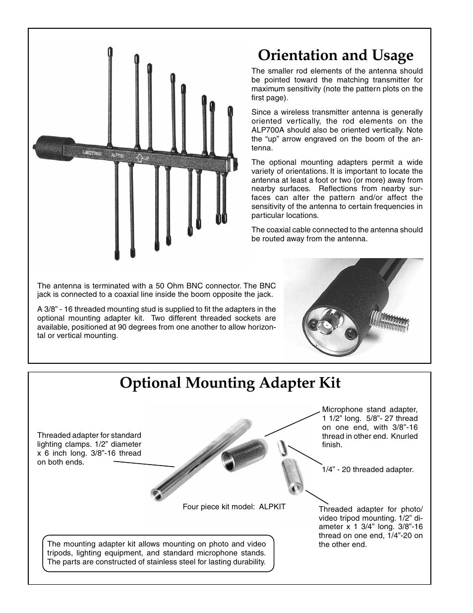 Orientation and usage, Optional mounting adapter kit | Lectrosonics ALP700A User Manual | Page 2 / 4