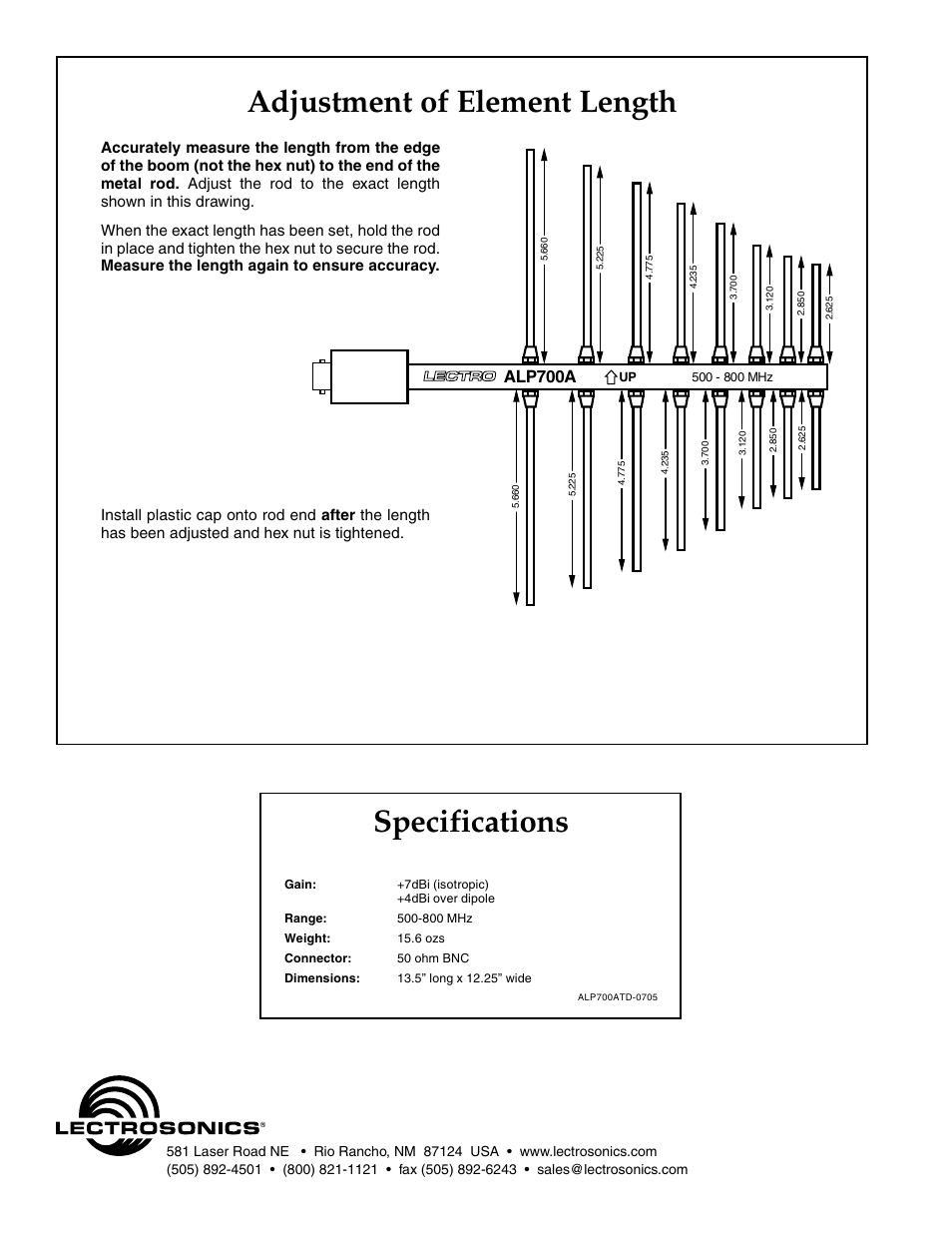 Adjustment of element length, Specifications, Alp700a | Lectrosonics ALP700A User Manual | Page 4 / 4