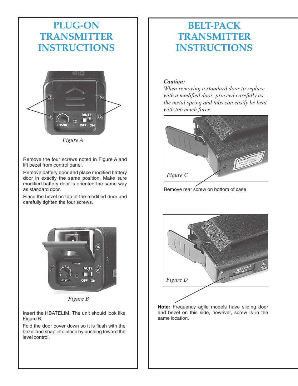 Belt-pack transmitter instructions, Plug-on transmitter instructions | Lectrosonics HBATELIM User Manual | Page 2 / 4