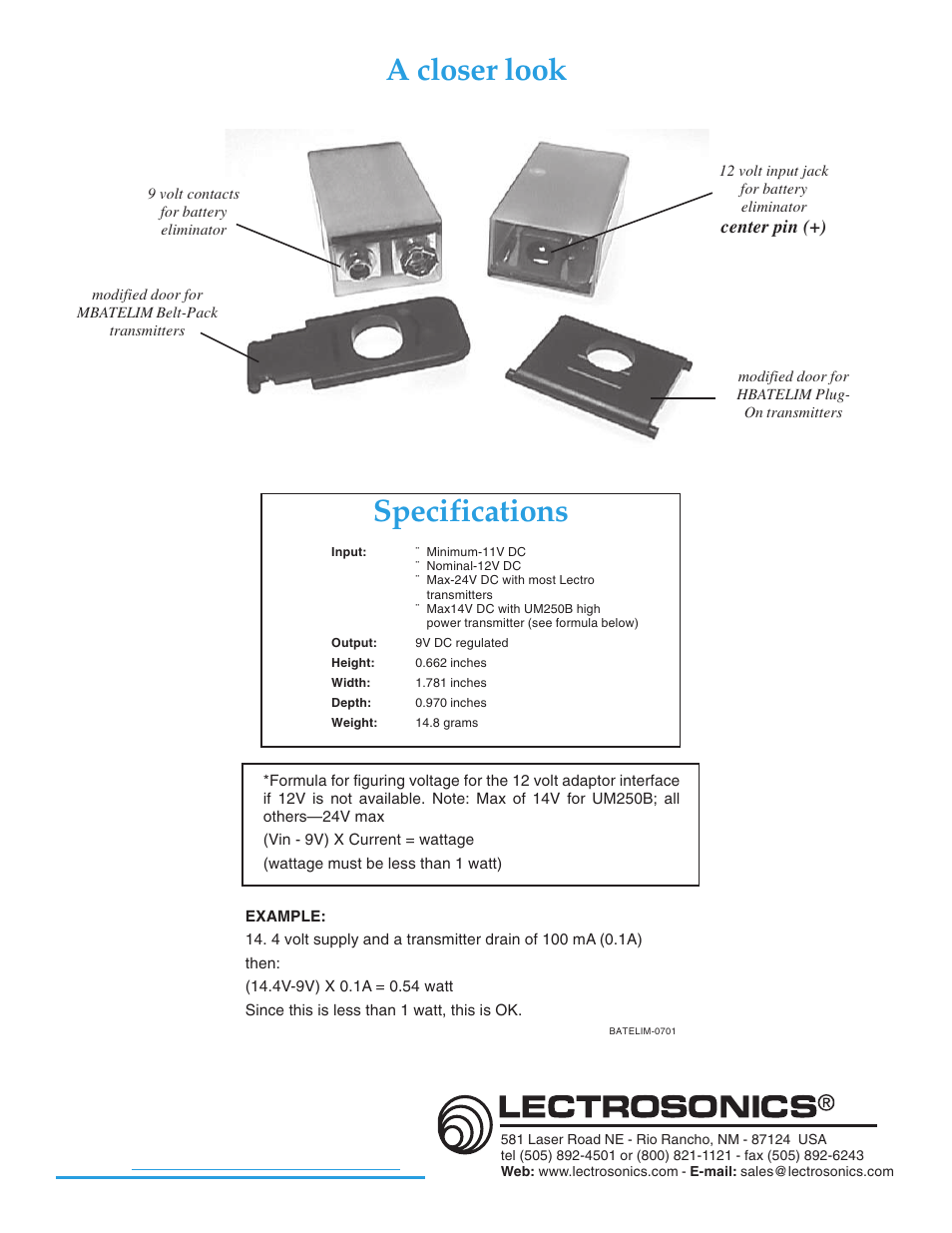 A closer look specifications | Lectrosonics HBATELIM User Manual | Page 4 / 4