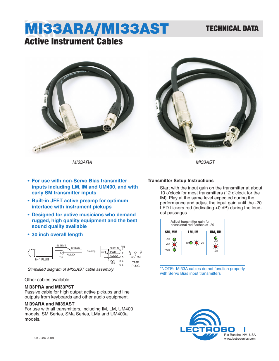 Lectrosonics MI33ST User Manual | 1 page