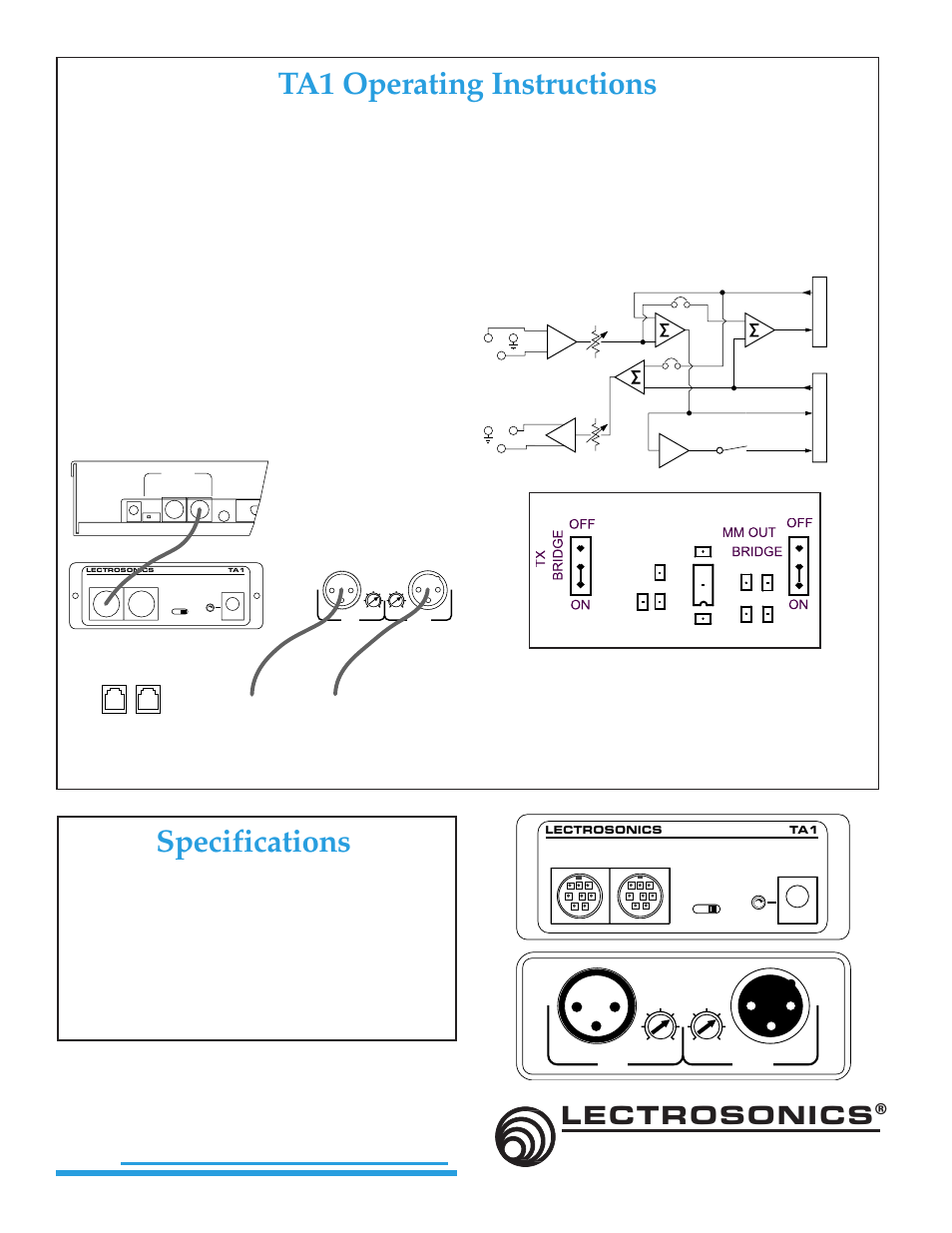 Ta1 operating instructions, Specifications, Lectrosonics | Lectrosonics TA1 User Manual | Page 2 / 2