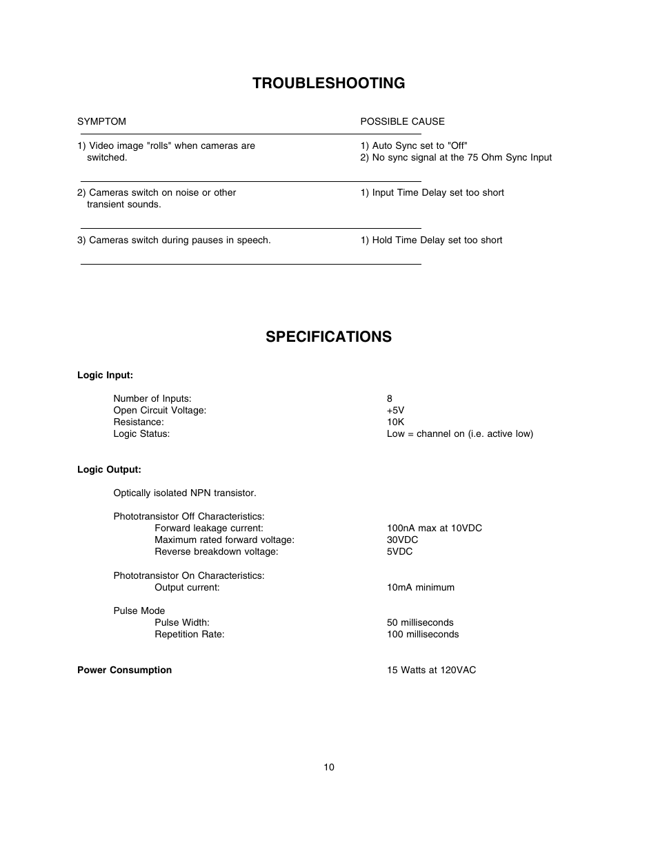 Troubleshooting, Specifications | Lectrosonics VS1 User Manual | Page 10 / 12