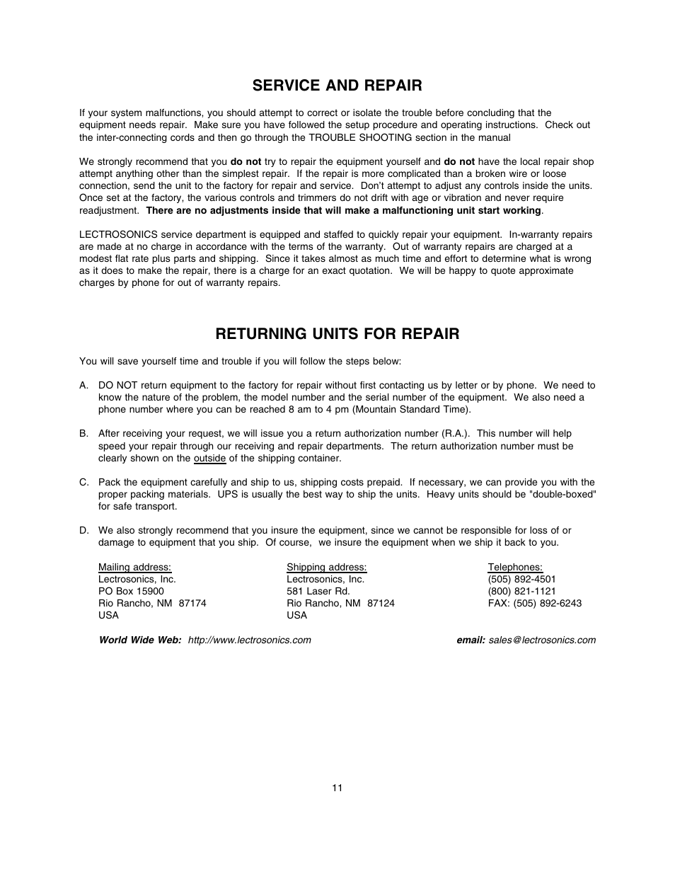 Service and repair, Returning units for repair | Lectrosonics VS1 User Manual | Page 11 / 12