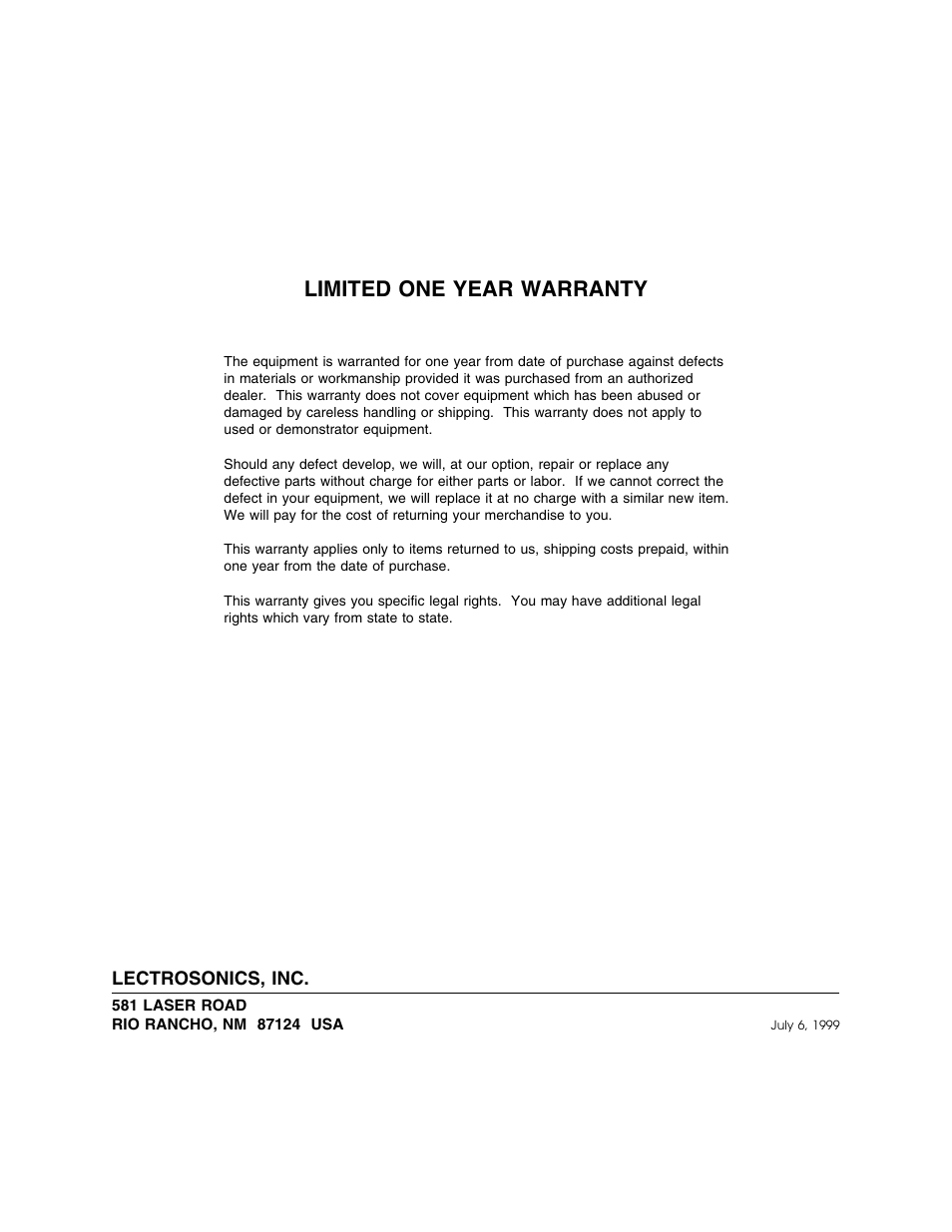 Limited one year warranty | Lectrosonics VS1 User Manual | Page 12 / 12