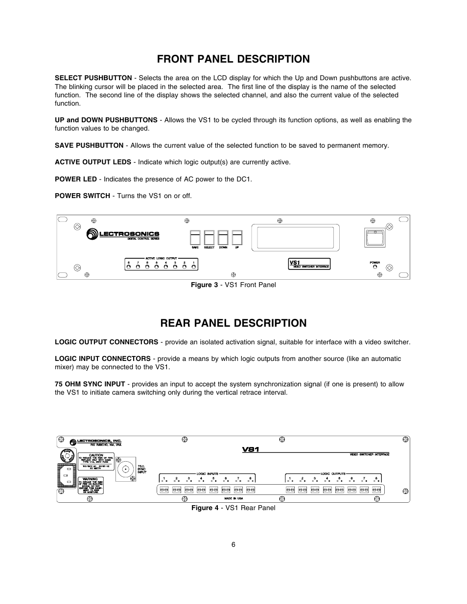 Front panel description, Rear panel description | Lectrosonics VS1 User Manual | Page 6 / 12