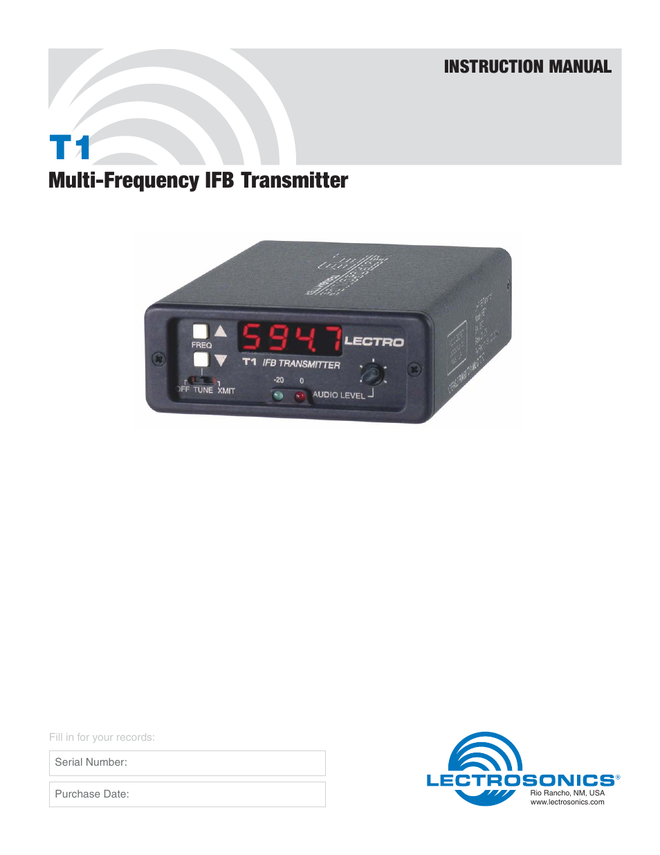 Lectrosonics T1 User Manual | 16 pages