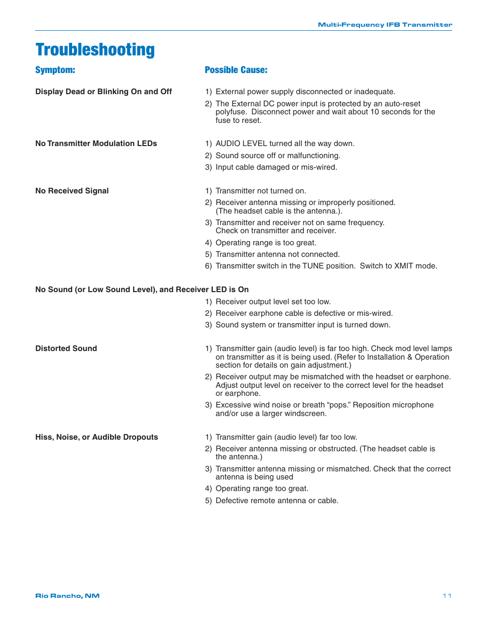 Troubleshooting, Symptom: possible cause | Lectrosonics T1 User Manual | Page 11 / 16