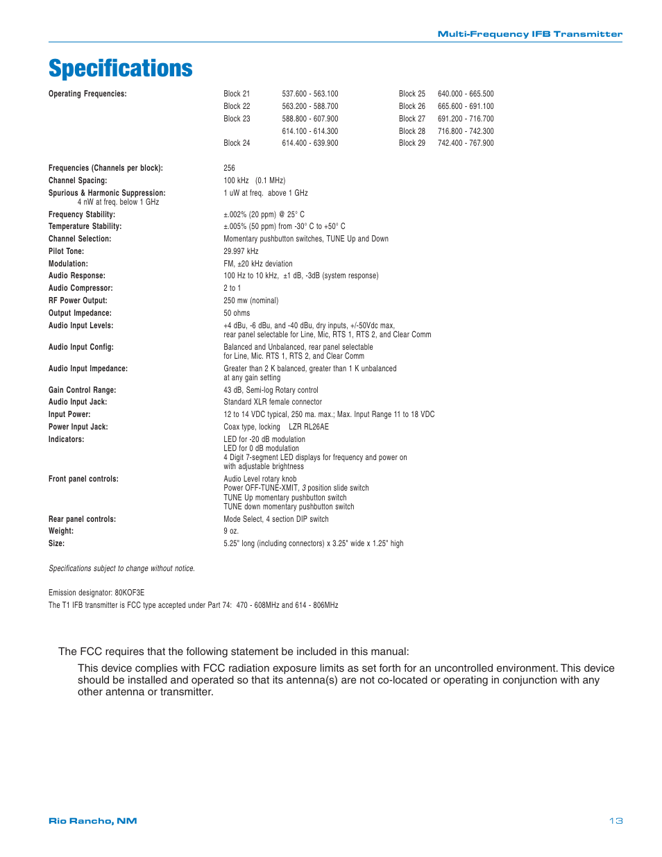 Specifications | Lectrosonics T1 User Manual | Page 13 / 16
