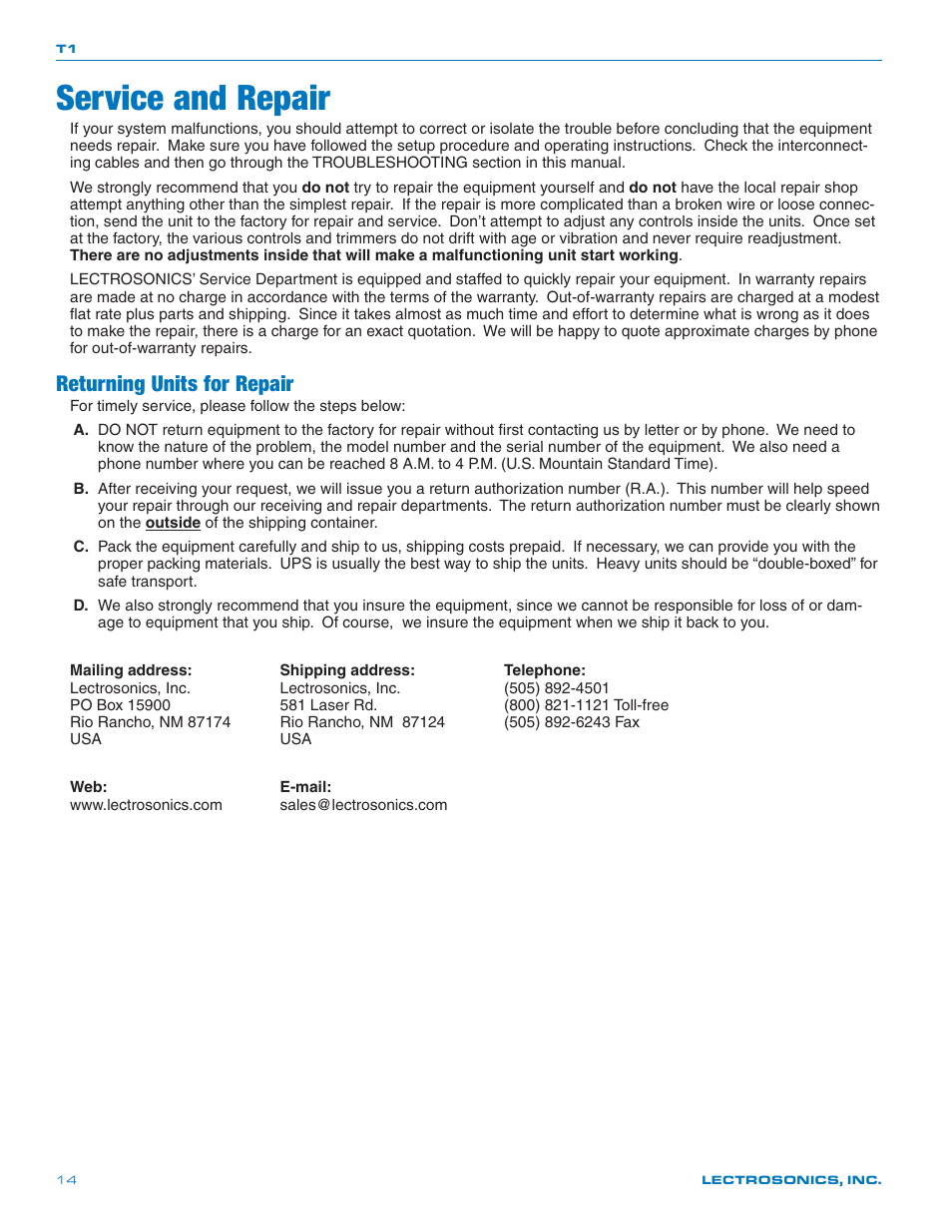 Service and repair, Returning units for repair | Lectrosonics T1 User Manual | Page 14 / 16